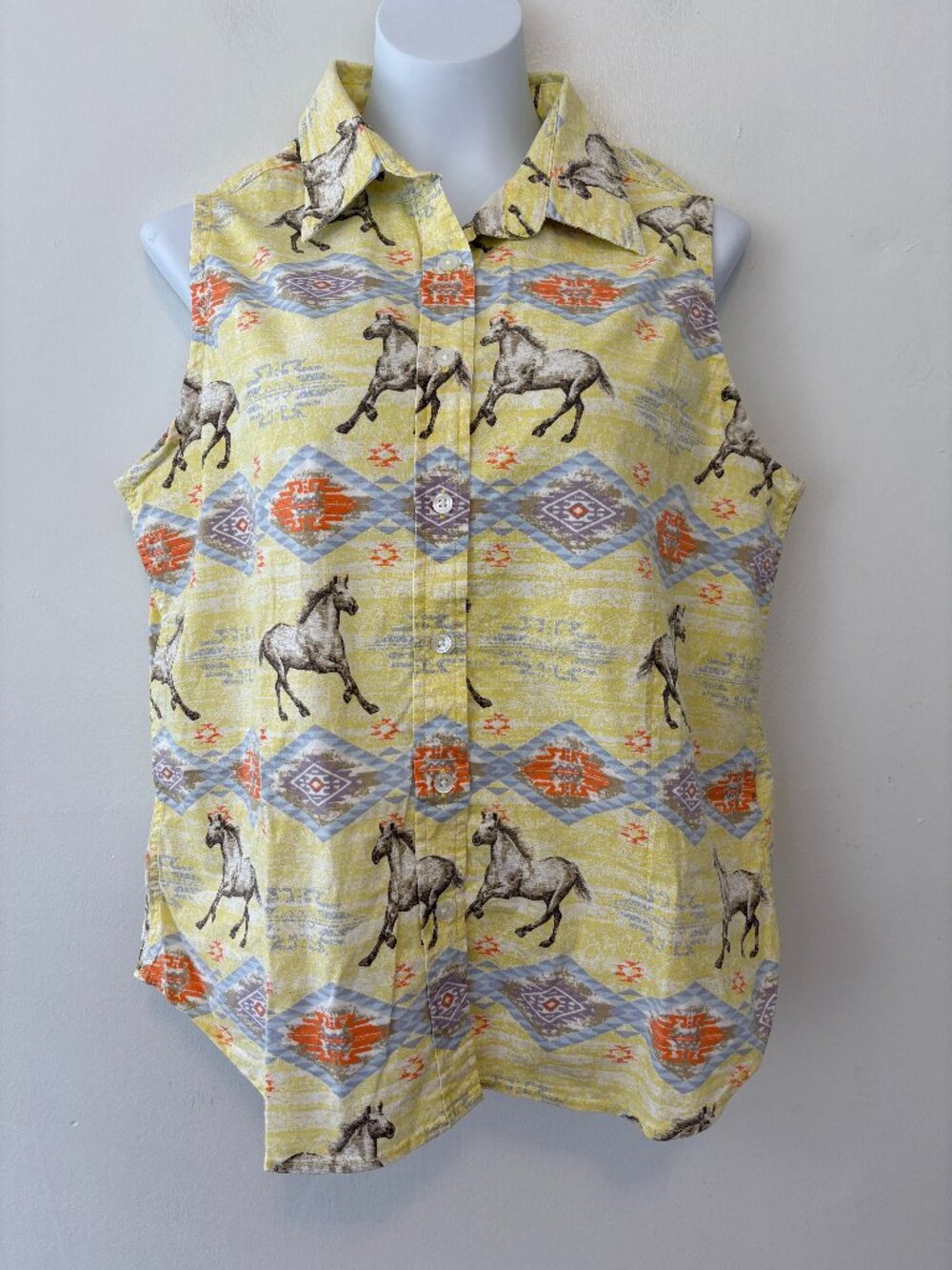 Bit & Bridle Horse Print Sleeveless Button Shirt Womens XL Country Western